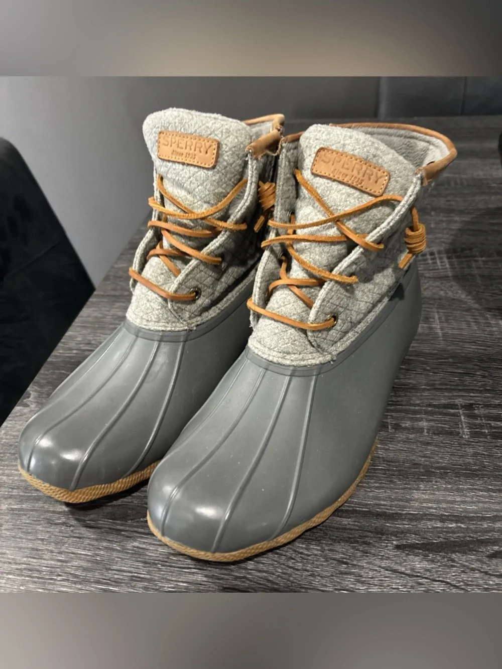 Sperry Gray and Tan Quilted Duck Boots